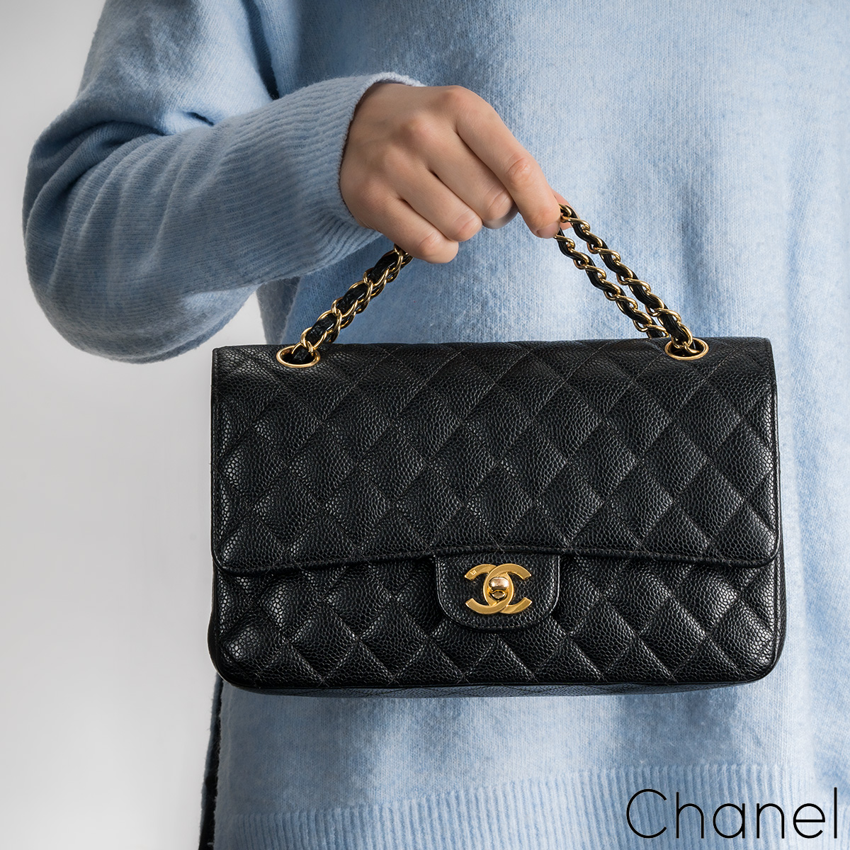 Chanel Classic Double Flap Quilted Caviar Silver-tone Medium Black